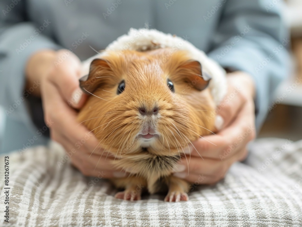 Close-up portrait of a cute brown guinea pig in a cozy white hat Close-up portrait of a cute brown guinea pig in a cozy white hat
