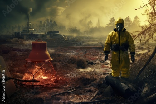 A man in a yellow suit stands in a burnt-out area  surrounded by charred debris and remnants of destruction. Generative AI