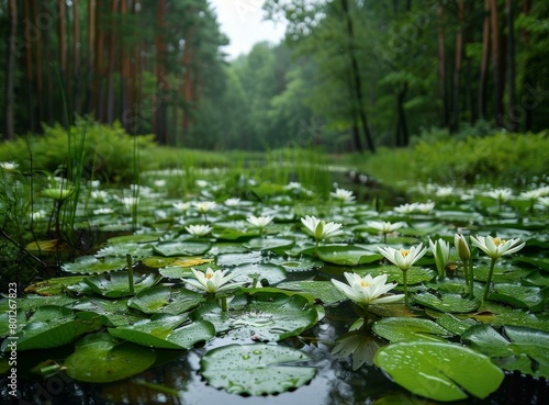 Serene Pond with Water Lilies in a Forest © duyina1990