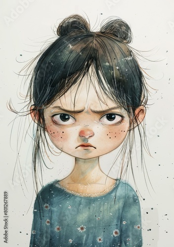 Little girl with messy hair and a grumpy expression on her face photo