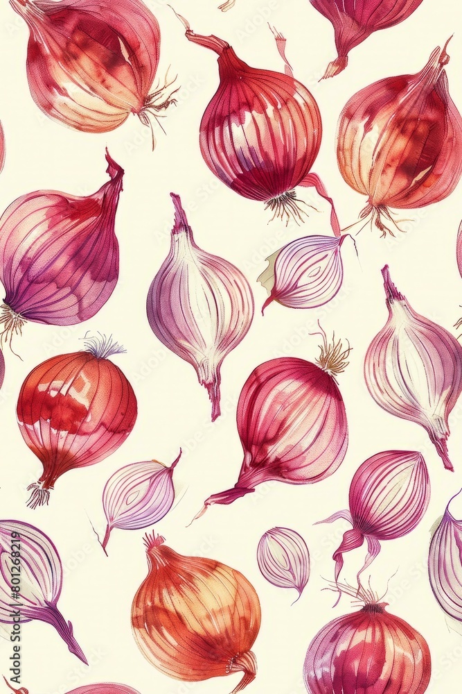 Red onion watercolor illustration pattern Red onion watercolor illustration pattern