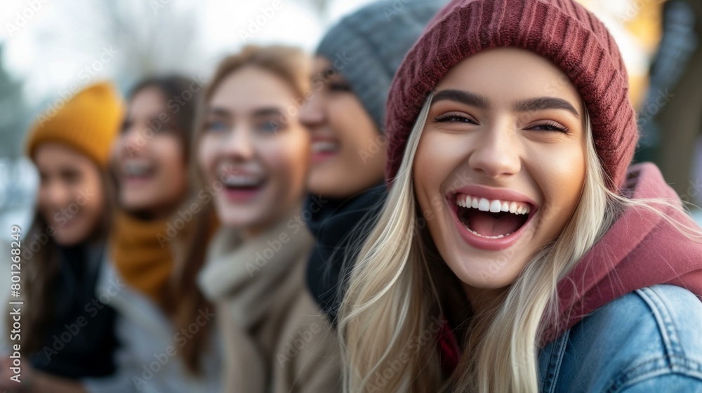 Laughing young blonde woman with friends in the background Laughing young blonde woman with friends in the background