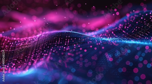 Cyber big data flow. Blockchain data fields. Network line connect stream. Concept of AI technology, digital communication, science research, 3D illustration music waves