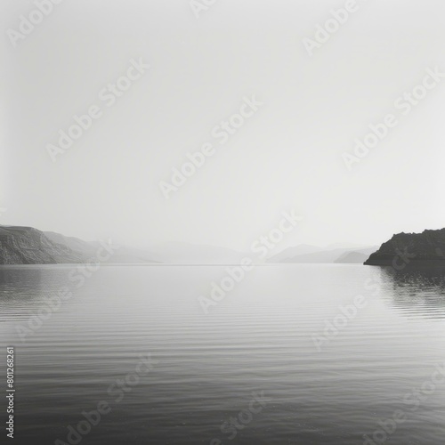 Black and white photo of a calm lake with distant mountains