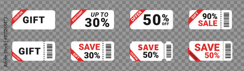 Discount coupon set. Sale or gift voucher isolated on transparent background