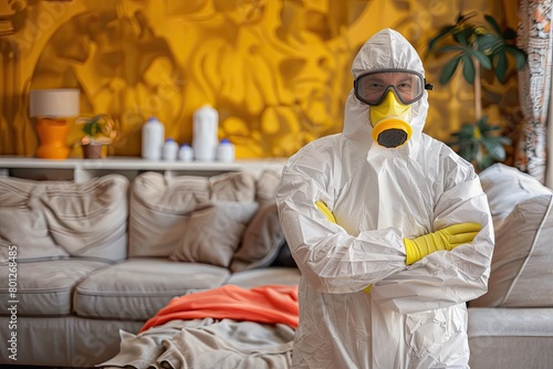 A pest control professional stands in a living room, dressed in a full protective suit and respirator, ready for extermination. photo