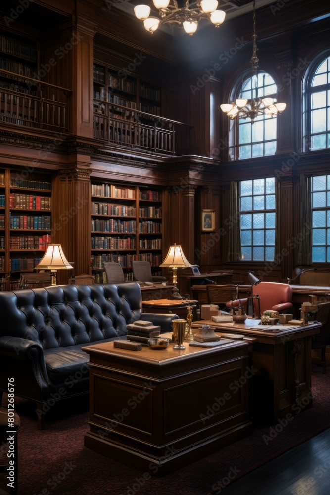 Vintage library interior with bookshelves, leather furniture, and a large wooden desk