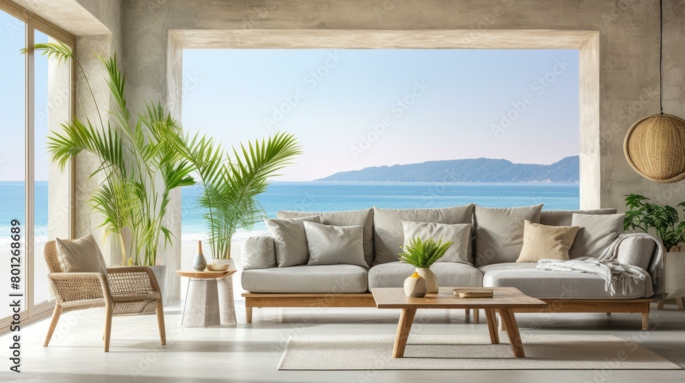 Fototapeta premium Modern coastal living room interior with large windows and ocean view