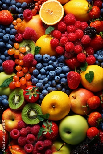 A variety of fruits including strawberries  blueberries  raspberries  and oranges