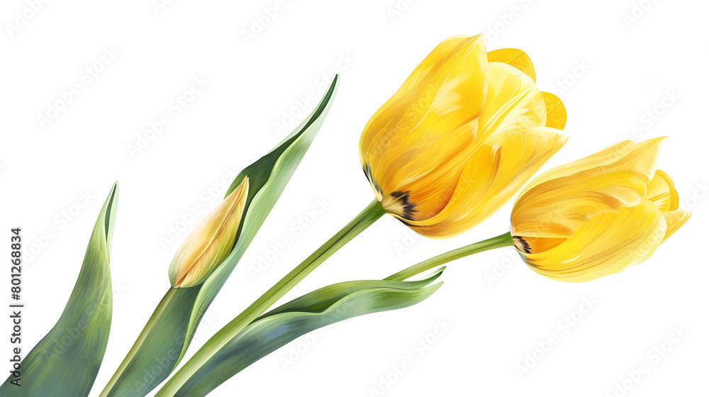 A beautiful yellow tulip flower blossom in the glass house garden with warm light,Beautiful spring tulip on white background, top view,Studio shot of tulips isolated on white background
