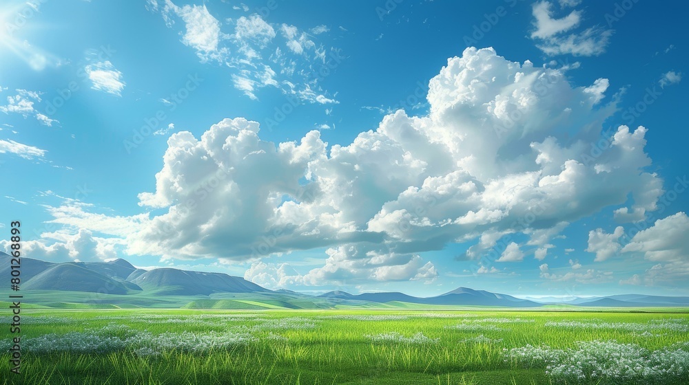 Vast green grassland under blue sky and white clouds