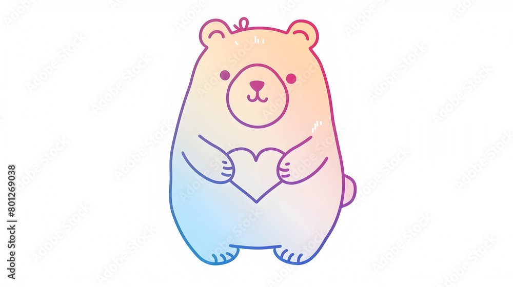 Charming Pastel Bear Embracing Heart in Whimsical Line Art Charming Pastel Bear Embracing Heart in Whimsical Line Art