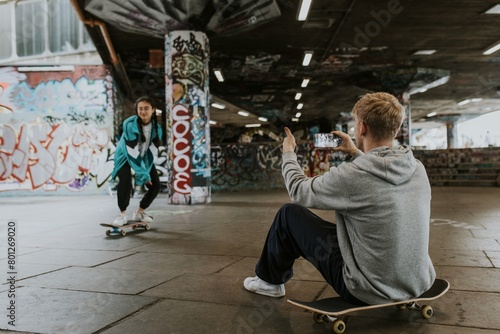 Canvas Print Female skater being captured by friend at skate park