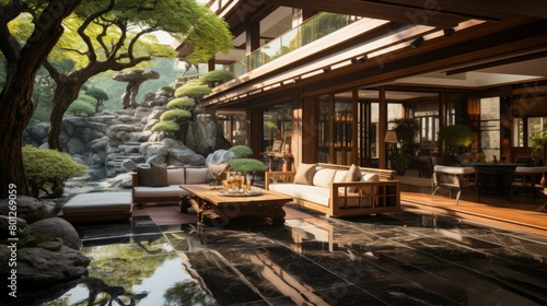 Courtyard with a rock garden and a modern house in the background