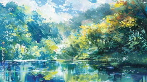 Vibrant Impressionist Illustration with Kyoto Anime Influence  Set Against Lush Forests and a Scenic Lake.