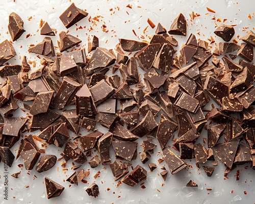 Piles of rich and decadent chocolate fragments scattered in an organized pattern on a seethrough surface photo