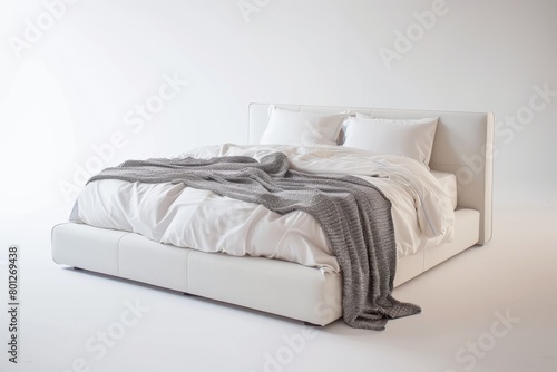 Modern White Bed With Soft Linens and Grey Throw Blanket in Minimalist Setting