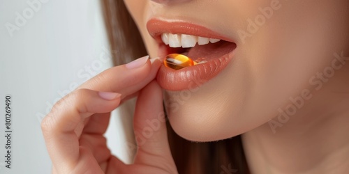 Close-Up of a Woman Consuming a Fish Oil Supplement Capsule