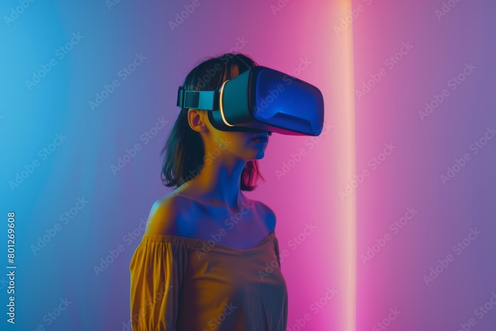 Woman Experiencing Virtual Reality in a Neon-Lit Room Woman Experiencing Virtual Reality in a Neon-Lit Room