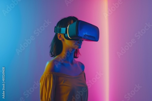 Woman Experiencing Virtual Reality in a Neon-Lit Room © Olga