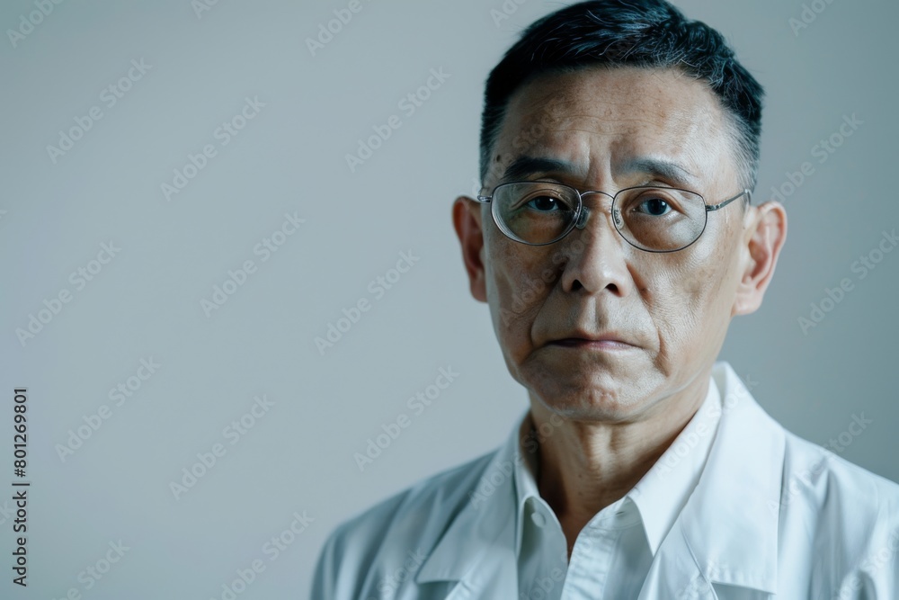 Fototapeta premium Mature Male Doctor With Glasses Stands Against a Neutral Background During the Daytime
