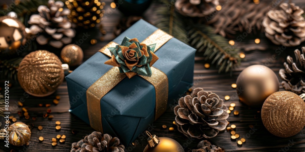 Festive Holiday Celebration With Elegant Blue Wrapped Gift and Shimmering Decorations Festive Holiday Celebration With Elegant Blue Wrapped Gift and Shimmering Decorations