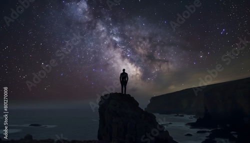 A man on a hill looking at the night starry sky