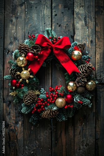 Festive Christmas Wreath With Red Bow Adorning a Dark Wooden Background