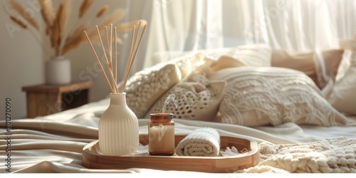 Serene Bedroom Setting With Aromatic Reed Diffuser on a Tranquil Morning