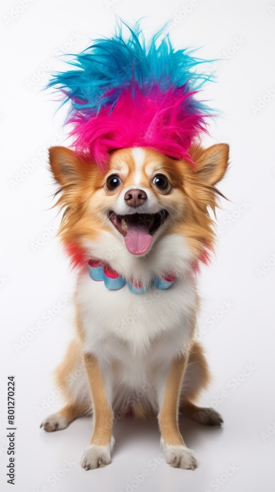 A happy dog wearing a colorful wig