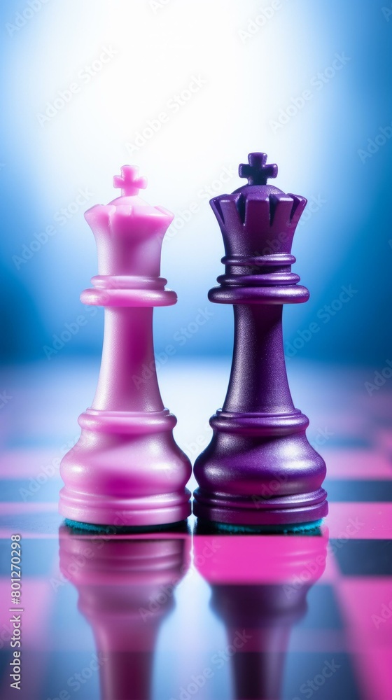 Purple and pink chess pieces on a chessboard Purple and pink chess pieces on a chessboard