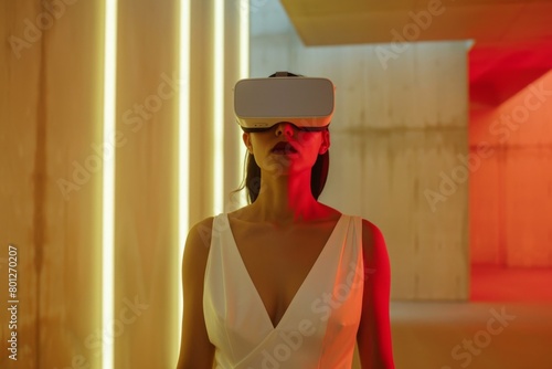 Woman Experiencing Virtual Reality in a Modern Room Bathed in Red and Yellow Light