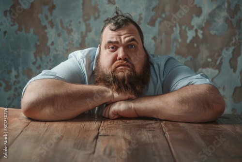 Solemn Man Resting on Wooden Table Against Weathered Wall Background