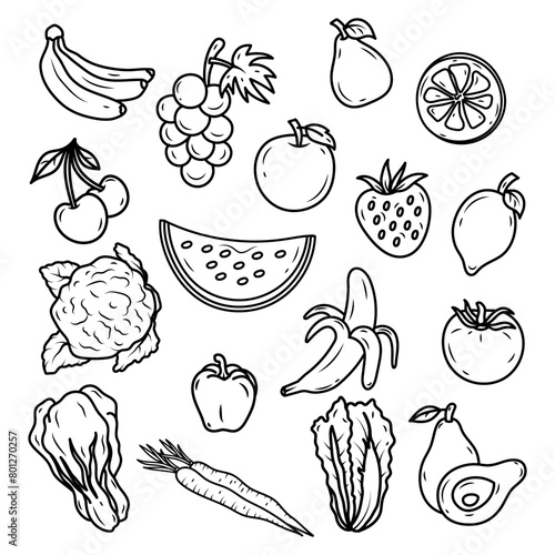 set fruits and vegetables line art style isolated on white background