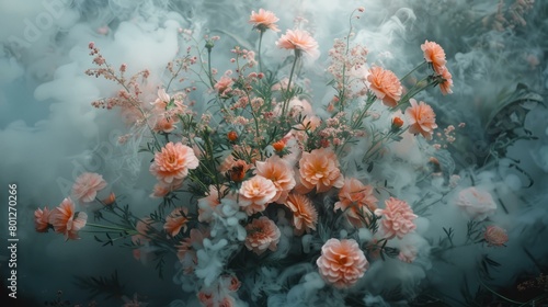 peach colored flowers in a cloud of smoke