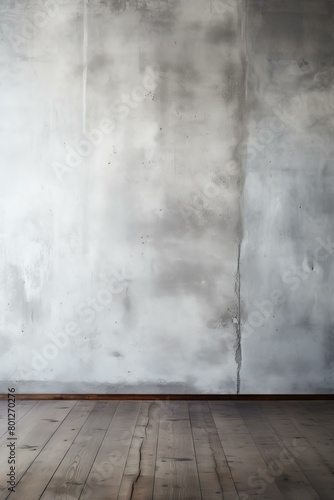 An empty room with a wooden floor and a concrete wall