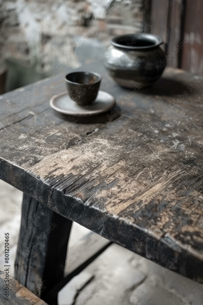 A weathered wooden table with a cup and saucer on it. A weathered wooden table with a cup and saucer on it.