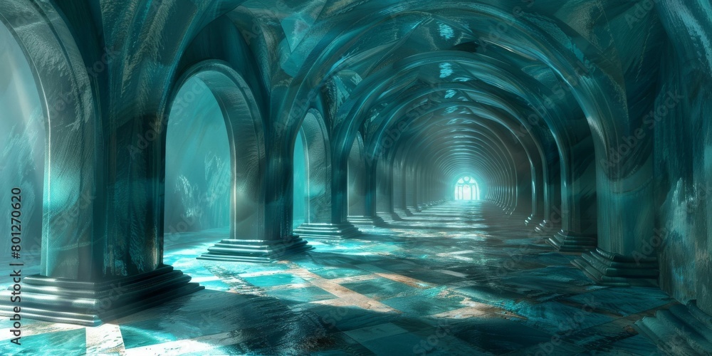 Naklejka premium fantasy blue green marble temple hallway perspective