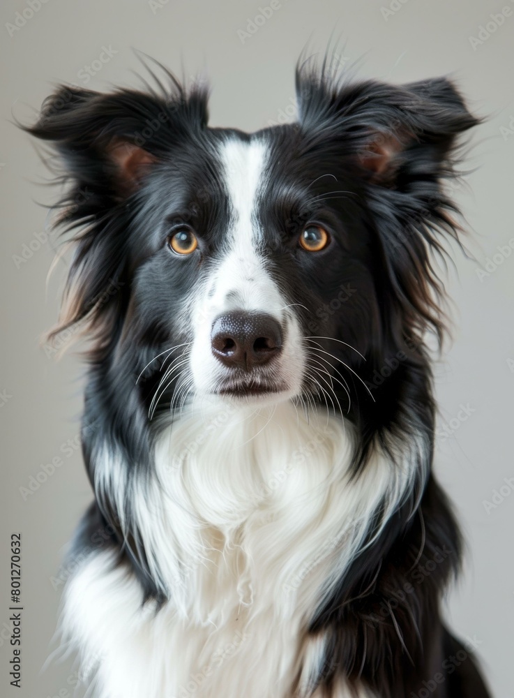 A Border Collie stares at the camera with its ears perked up