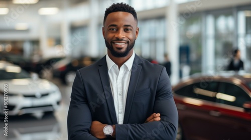 Portrait of a Confident Car Salesman Standing in a Showroom