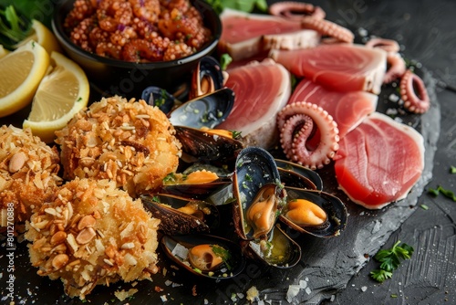A selection of seafood antipasti, breaded mussels, tuna, anchovy and octopus