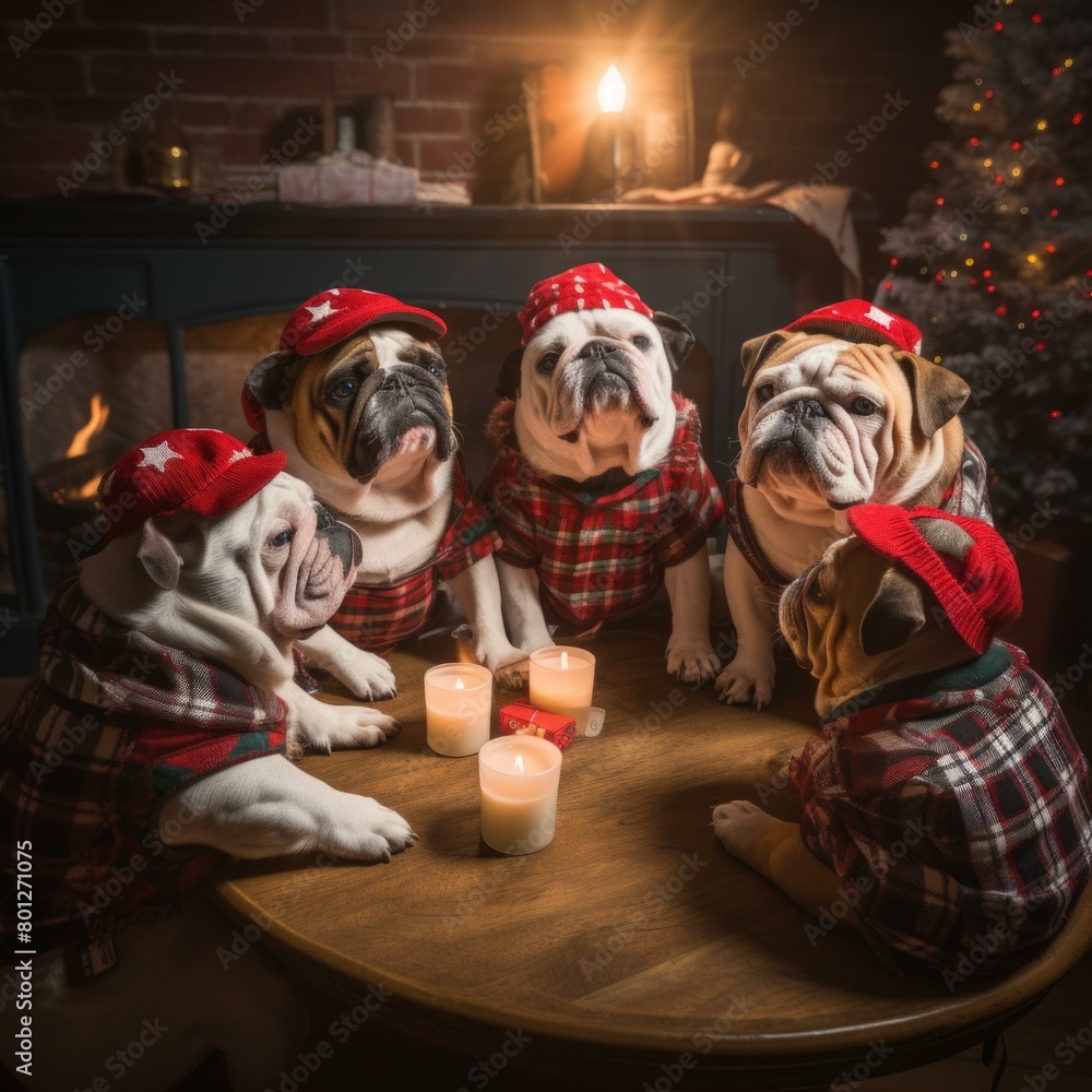 Bulldogs wearing Christmas hats and pajamas sitting around a table with candles