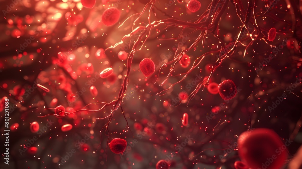 Glowing Red Blood Cells Flowing Through Translucent Veins Showcasing the Vitality of the Glowing Red Blood Cells Flowing Through Translucent Veins Showcasing the Vitality of the