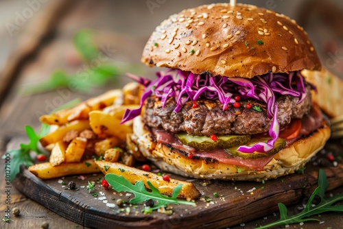 A steak burger with pickled cucumber, purple cabbage and fries