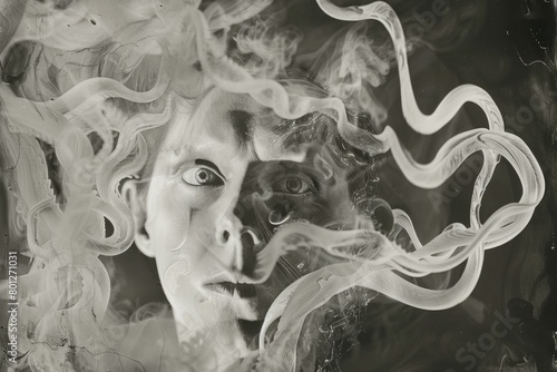 Portrait of a man exhaling smoke, black and white photo capturing the intensity of his breath