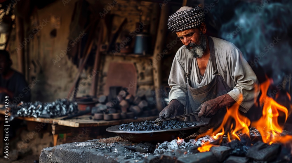 A blacksmith using traditional methods to forge iron in a historic village A blacksmith using traditional methods to forge iron in a historic village