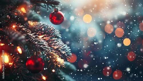 Festive Christmas background with Christmas tree and balls