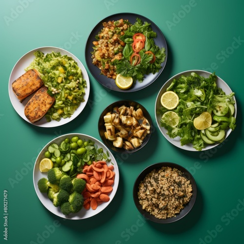 Various healthy dishes with vegetables, grains, and fish