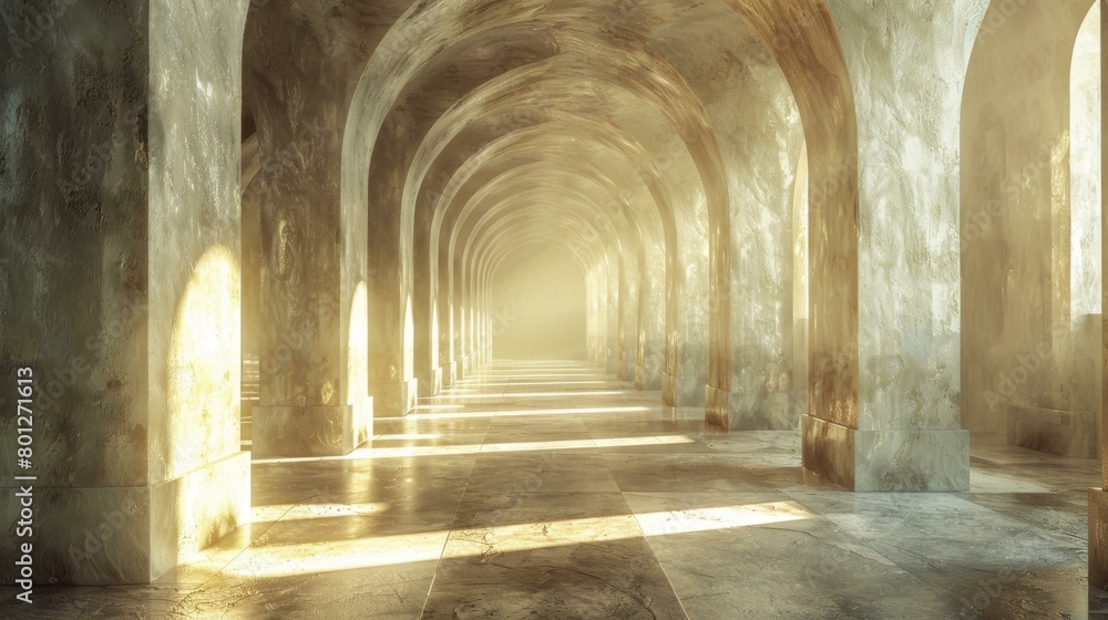 Long empty corridor with arches and sunlight at the end