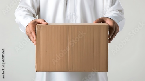 Arabic man wearing a Saudi bisht and traditional white shirt, carrying a cardboard box in front of his chest. photo